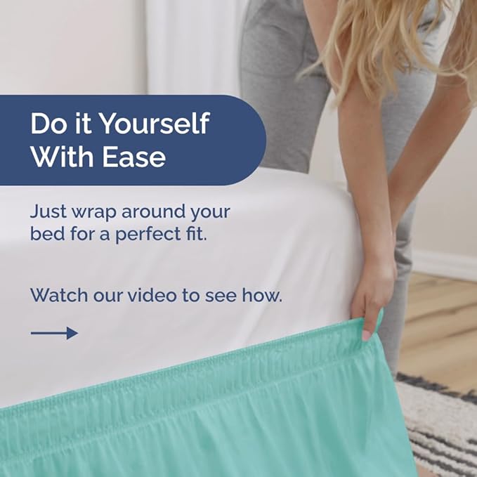 Wrap Around Dust Ruffle Bed Skirt - Spa Blue - for Queen Size Beds with 21 Inch Drop - Elastic Strap - Adjustable Pleated Bedskirt with Brushed Fabric and Wrinkle Free - for Women, Men, Kids & Teens