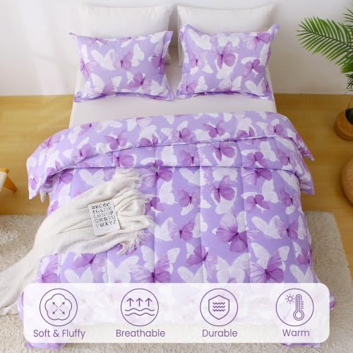 Mooreeke Purple Twin Size Comforter Sets, Lightweight Butterfly Printed Bedding for All Seasons, 2-Piece Vintage Bed in a Bag with Fluffy Quilted Reversible Comforter & Pillow Sham