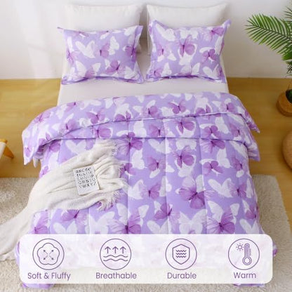 Mooreeke Purple Queen Size Comforter Sets, Lightweight Butterfly Printed Bedding for All Seasons, 3-Piece Vintage Bed in a Bag with Fluffy Quilted Reversible Comforter & 2 Pillow Shams