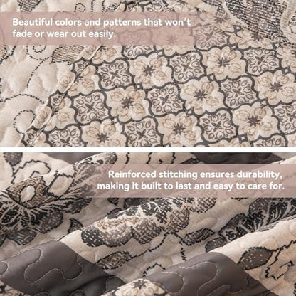 Nordic Style Queen Size Quilt Comforter Sets 3 Pieces Quilts (1 Quilt, 2 Pillow Shams) Nordic Bedding Set Printed Coverlet with Pillowcase Lightweight Bedspread Set for All Seasons(Grey)