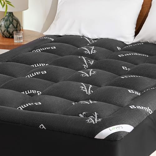Love's cabin Queen Mattress Topper Viscose Derived from Bamboo, Thick Pillow Top Mattress Pad with Stretchable Pockets for 8"-20" Mattress, Breathable Cooling Mattress Topper for Hot Sleepers, Black