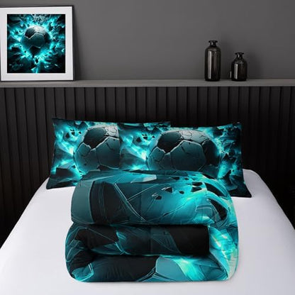 Nttopship Soccer Bedding Comforter Set Twin Size for Kids Teens and Adults, Turquoise Black Football Printed Bedding Sets 3 PCS,Ball Sports Themed Bedroom Decor with 1 Comforter and 2 Pillowcases