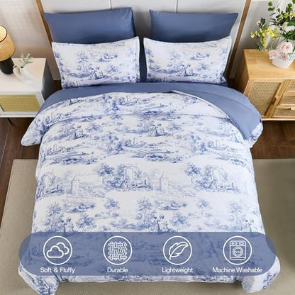 WONGS BEDDING Blue Comforter Set King, 7 Pieces Bed in a Bag Farmhouse Comforter with Sheets, French Toile Bedding Set, Soft Lightweight Microfiber Botanical Print Complete Bed Set for All Season