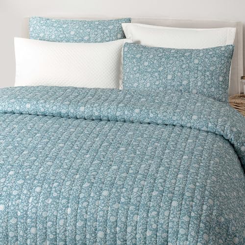 Wonderful Cotton Gauze Quilt Set King Size Blue Floral Bed Cover for All Season,Reversible Voile Quilt Bedding Sets with Pillow Shams for King Bed, Floral Bedspread Coverlet Set
