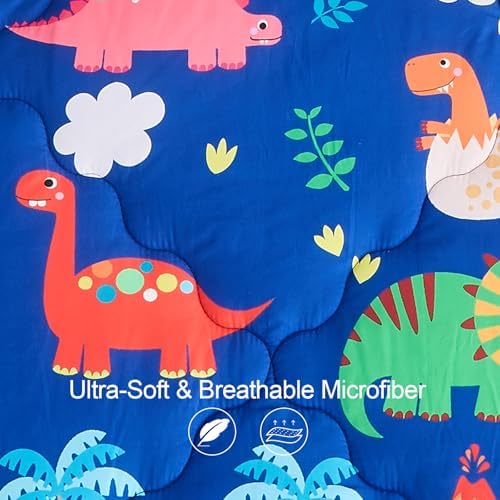 Wajade 7 Piece Kid Boys Dinosaur Comforter Set Twin Size 3D Blue Dinosaur Wild Park Jungle Print Bedding Set with Comforter, Sheet Set, Pillowcase and Sham
