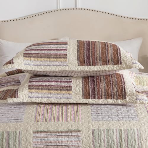 HoneiLife Quilt Sets King Size - 3-Pieces Microfiber Quilts Lightweight Bedspreads Striped Coverlets Rustic Bed Cover King Quilt Bedding Set All Season Quilts
