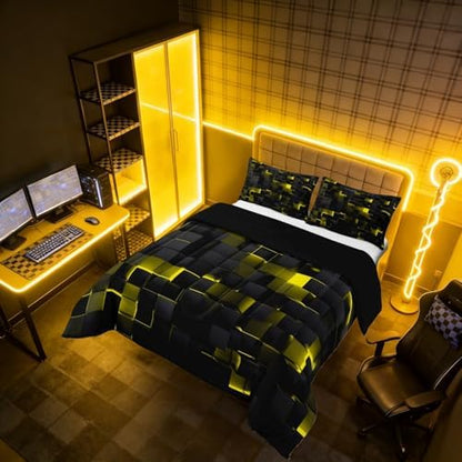 Erosebridal Black Yellow Comforter Set King Neon Geometric Checkered Bedding Set for Kids Adults Abstract Stereoscopic Grids Quilt Square Plaid Bed Set 3 Pcs Gamer Room Decor