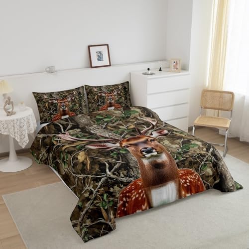 Feelyou Camo Deer Comforter Set Twin Size Deer Antlers Army Camouflage Bedding Set Boys Girls Wild Animal Hunting Comforter Set Forest Branches Duvet Insert Bed Set 2Pcs