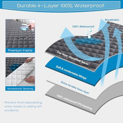 GRT Full Size Waterproof Mattress Pad, Grey Quilted Mattress Protector