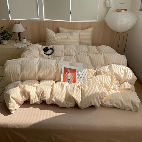 mixinni Retro Striped Duvet Cover Set Twin Size - 100% Washed Cotton Beige Duvet Cover with Black White Stripes, Soft Breathable 3 Piece Comforter Cover with Zipper Closure & Corner Ties