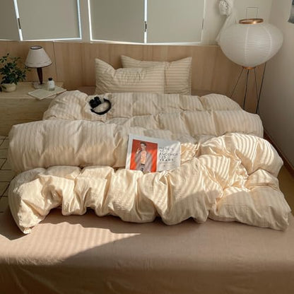 mixinni Retro Striped Duvet Cover Set Full Size - 100% Washed Cotton Beige Duvet Cover with Black White Stripes, Soft Breathable 3 Piece Comforter Cover with Zipper Closure & Corner Ties