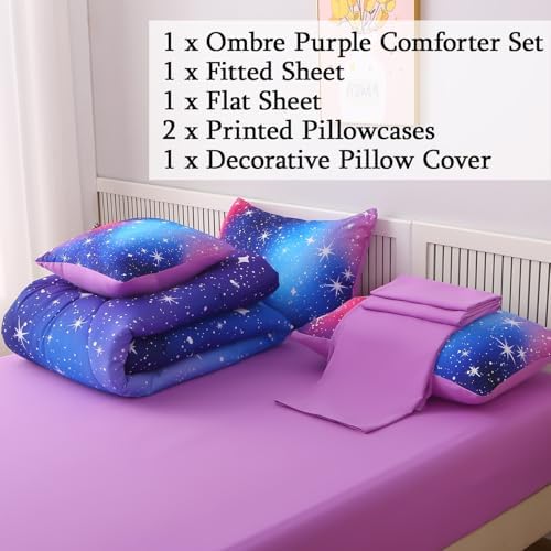 JQinHome Full Ombre Pink Purple Comforter Set, 6 Piece Bed in A Bag 3D Colorful Bedding Sets for Teen Girls (1 Comforter,2 Pillowcases,1 Flat Sheet,1 Fitted Sheet,1 Cushion Cover)(Star Purple)
