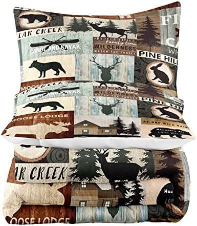 LUVIVIHOME 3PCS Black Bear Moose Deer Comforter Set, Queen Comforter, Pine Tree Woodland Rabbit Wolf Forest Animal Wildlife Hunting Cabin Lodge Vintage Country Rustic Farmhouse Bedding, 2 Pillow Shams