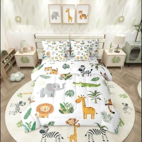 Erosebridal Wild Animals 7 Pcs Bedding Set Safari Animals King Comforter Set for Boys Girls Cute Crocodile Lion Bed in A Bag with Flat and Fitted Sheet Cartoon Elephant Giraffe Tropical Bed Set