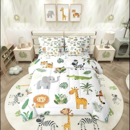 Erosebridal Wild Animals 7 Pcs Bedding Set Safari Animals King Comforter Set for Boys Girls Cute Crocodile Lion Bed in A Bag with Flat and Fitted Sheet Cartoon Elephant Giraffe Tropical Bed Set