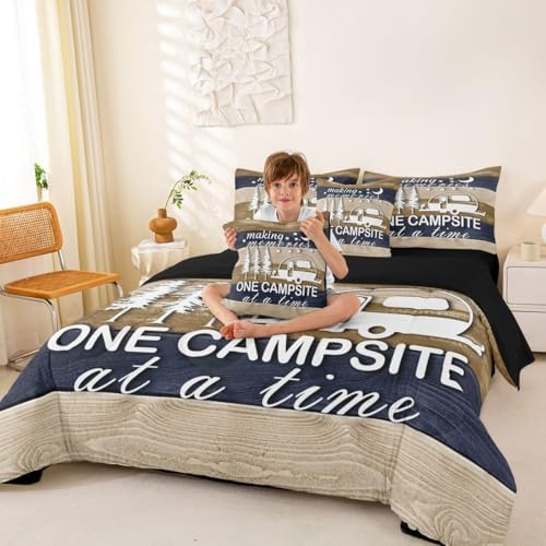 Erosebridal Comforter Set Full Size Camper Rv Camping 7 Pcs Bedding for Kids and Adults, Rustic Farmhouse Bed Sheet Sets Vintage Car Camper Accessories for Travel Trailers Bedroom Bed Decor