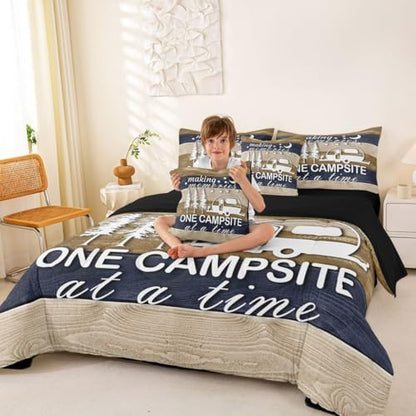 Erosebridal Comforter Set Full Size Camper Rv Camping 7 Pcs Bedding for Kids and Adults, Rustic Farmhouse Bed Sheet Sets Vintage Car Camper Accessories for Travel Trailers Bedroom Bed Decor