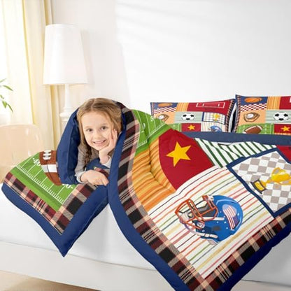 Boys Football Comforter Set Cartoon Ball Sports Themed Bedding Comforter for Kids Teens Child Room Decor Colorful Geometric Grid Stripes Quilt Set Cute Baseball Rugby Duvet Insert Queen Size