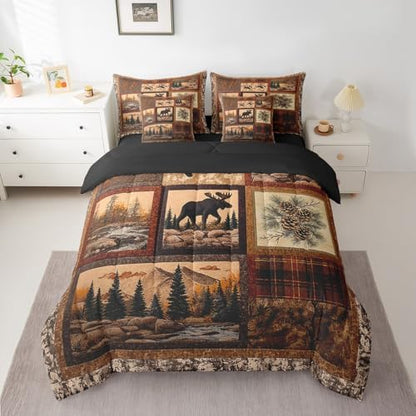 Erosebridal Hunting Deer Moose 7 Piece Bedding Set Queen Size,Cabin Lodge Bed in a Bag,Rustic Farmhouse Bed Set Includes Comforter, Sheet Set, Pillowcases & Pillow Covers All Season Bedroom Decor