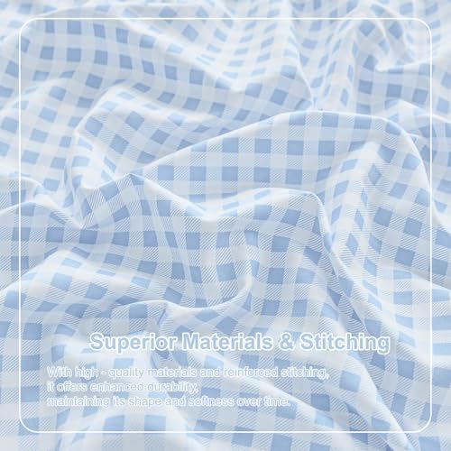 Gingham Queen Sheet Set, Lightweight Super Soft Brushed Microfiber Plaid Bed Sheets with 16" Deep Pocket, 4 Piece Ruffle Farmhouse Bedroom Decor, Light Blue