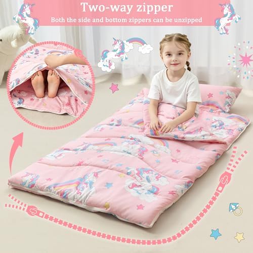 Toddler Nap Mat for Preschool 50''x30'' Sleeping Mat with Removable Pillow and Minky Blanket for Kids Ages 3-7 Roll Up Soft Sleeping Bag for Boys Girls Kindergarten Daycare Sleepover