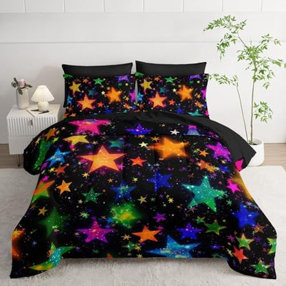 7Pcs Colorful Stars Comforter Set Starry Printed Bedding Set with 1 Comforter, 1 Flat Sheet, 1 Fitted Sheet and 4 Pillowcases for Boys and Girls Bedroom (Stars-2 Full