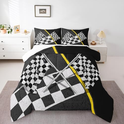 Manfei Race Car Flag Comforter Set King Size, Black White Checkered Flag Bedding Set 3pcs for Kids Boys Girls, Racing Game Sport Theme Quilt Set Abstract Plaid Duvet Set with 2 Pillowcases