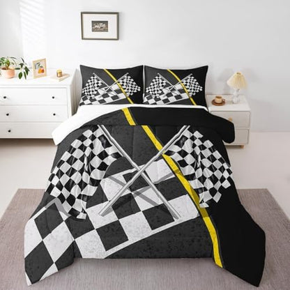 Manfei Race Car Flag Comforter Set King Size, Black White Checkered Flag Bedding Set 3pcs for Kids Boys Girls, Racing Game Sport Theme Quilt Set Abstract Plaid Duvet Set with 2 Pillowcases