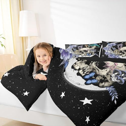 Star Moon Comforter Set Twin Size Mushroom Sugar Skull Bedding Set 2pcs for Kids Girls Boys Youth Bedroom Decor Exotic Plants Quilted Duvet Purple Flower Butterfly Duvet Insert,Black White