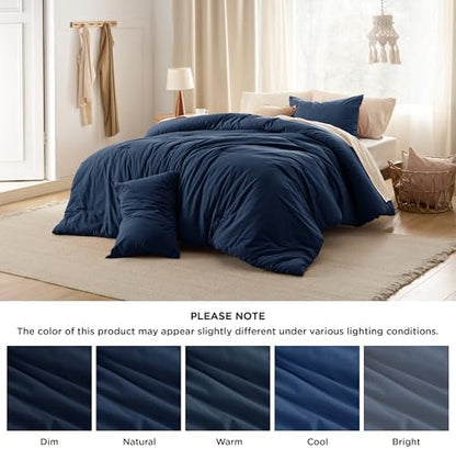 Bedsure PureWoven Cotton Comforter Set Prewashed, Full, Navy
