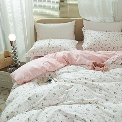 VM VOUGEMARKET Pink White Duvet Cover Queen 100% Cotton Girls Flower Bedding Set Aesthetic Princess Style Reversible Duvet Cover Set with Zipper &Ties(3 pcs,Queen)