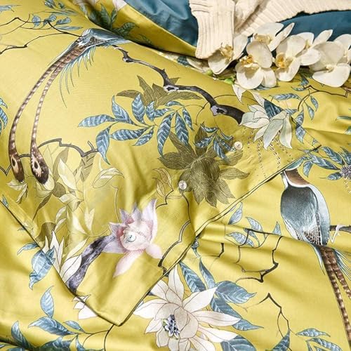 Garden Style Bird Duvet Cover Twin XL Vintage Boho Floral Duvet Cover Cotton Flowers Comforter Cover on Gold Yellow Bedding Set Farmhouse Floral Bedding Comforter Cover with 2 Pillowcases Twin XL Size