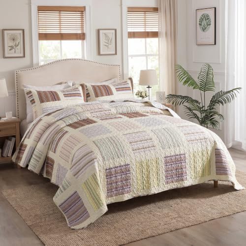 HoneiLife Quilt Sets Queen Size - 3-Piece Microfiber Quilts Lightweight Bedspreads Striped Coverlets Rustic Bed Cover Queen Quilt Bedding Set for All Season Use
