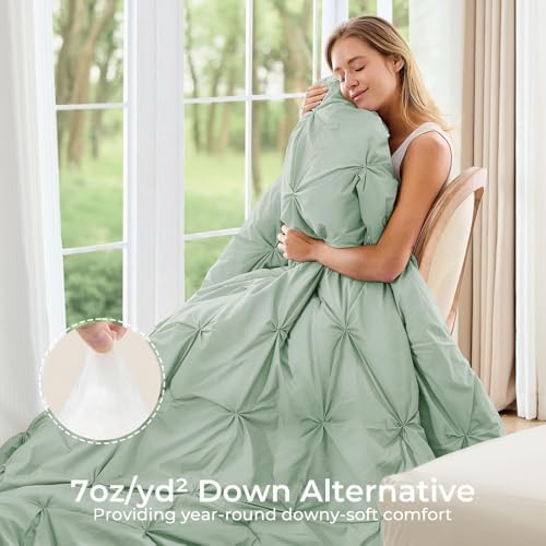 Sasttie Full Size Comforter Set, 7-Piece Bed in a Bag, Pintuck Bedding Set for All Season, Includes Comforter, Flat Sheet, Fitted Sheet, Pillowcases and Pillowshams, Light Sage Green
