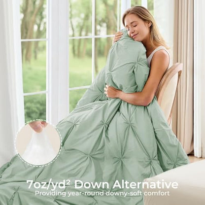 Sasttie Full Size Comforter Set, 7-Piece Bed in a Bag, Pintuck Bedding Set for All Season, Includes Comforter, Flat Sheet, Fitted Sheet, Pillowcases and Pillowshams, Light Sage Green