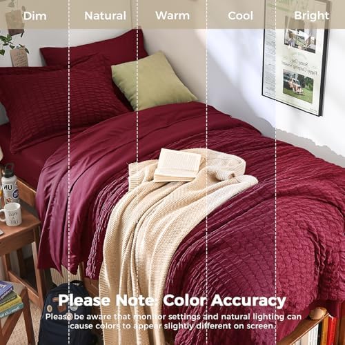 HYMOKEGE Burgundy Twin Comforter Set Seersucker 5 Pieces, All Season Luxury Bed in a Bag for Bedroom, Bedding Set with Comforters, Sheets, Pillowcase & Sham