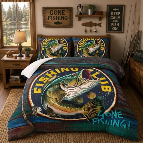 Nttopship Big Pike Fish Bedding, Bass Fishing Comforter Set Hunting and Fishing Brown Green Bedding Set Themed Comforter Set for Kids Boys Room Decor, Twin Bed in a Bag for Teens with 2 Pillowcases