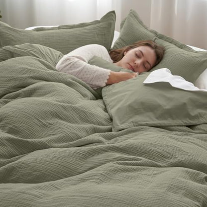PHF 100% Cotton Muslin Duvet Cover King Size 3-Layer, 104"x90", Dusty Sage