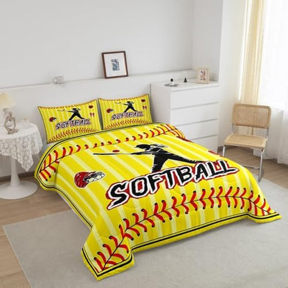 Homewish Teens Softball Player Comforter Set Queen Size,Sports Softball Bedding Set for Kids Boys Girls Bedroom Decoration,Gloves and Hats Bed Duvet Insert,Yellow Red Comforter with 2 Pillowcases