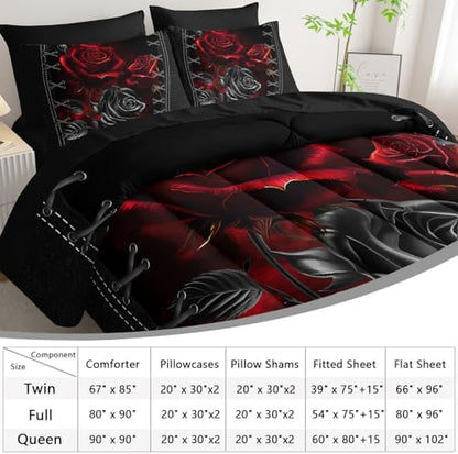 AILONEN Black and Red Rose Comforter Set Twin,7-Piece Flower Bed in a Ba,Soft Comforter & Fitted Sheet with Flat Sheet & 2 Pillowcases,2 Pillow Shams for Bedroom