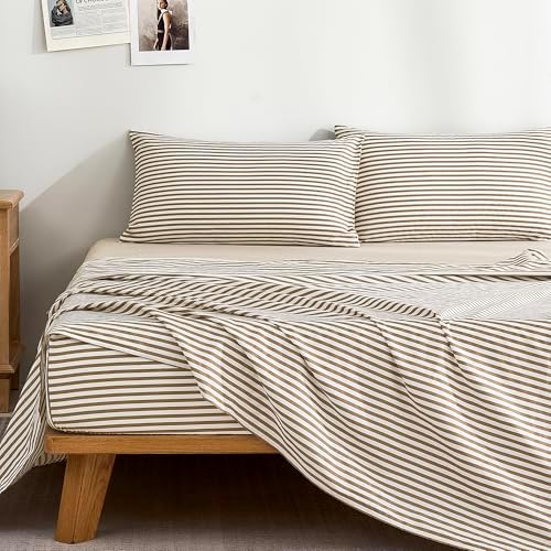 JELLYMONI 100% Cotton Sheet Set, Khaki Striped, Queen