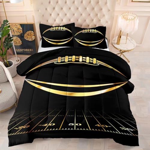 Kids Football Bedding Set - Full Comforter with Pillowcases, Black and Gold, 100% Microfiber, 3 Piece Set, Boys and Girls