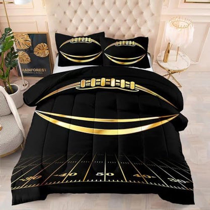 Kids Football Bedding Set - Full Comforter with Pillowcases, Black and Gold, 100% Microfiber, 3 Piece Set, Boys and Girls
