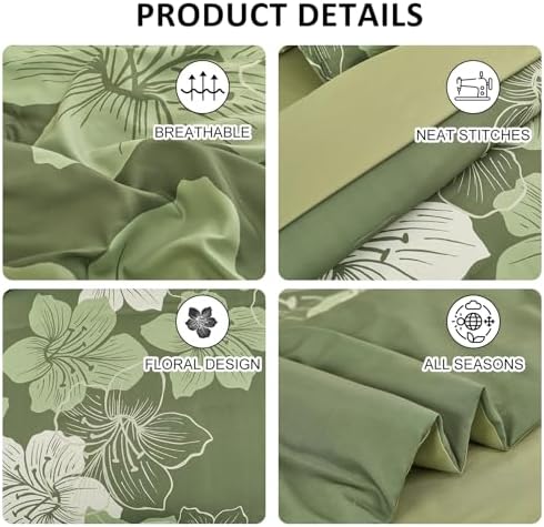 Olive Green Comforter Set Queen Size, 7 Pieces Floral Bed in a Bag