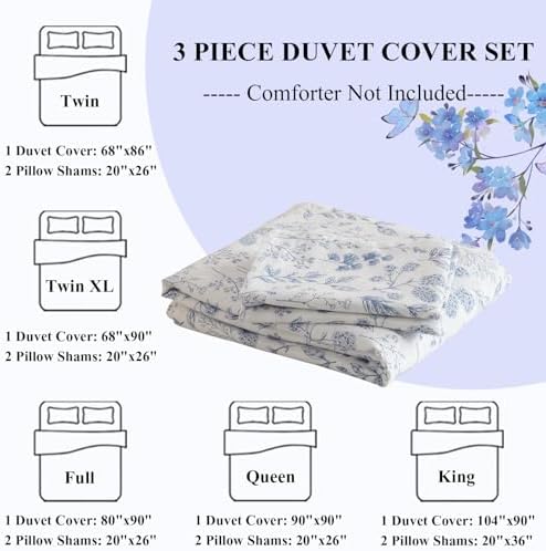 LifeTB Boho Floral Duvet Cover Twin Soft Cotton Blue Floral Bedding Sets Vintage Style Chic Flower Botanical Aesthetic Floral Comforter with Zipper Closure Twin(68''x86'')