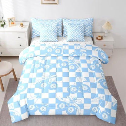 Erosebridal Y2K Trendy Lucky 8 Ball 7 Piece Comforter Set King Blue Cherry Bow Bedding Set for Kids Boys Girls Preppy Room Decor,Girly Fashion Y2K Bed in A Bag Geometric Checkerboard Plaid Bed Set