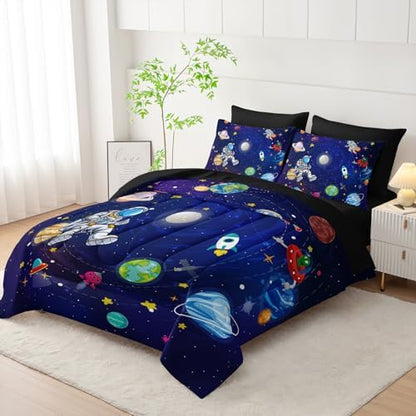 AILONEN Cute Astronaut Comforter Set Twin Size,7-Piece Outer Space Planet Rocket Bed in a Bag,Comforter & Fitted Sheet with Flat Sheet & 2 Pillowcases,2 Pillow Cases for Bedroom,Soft Microfiber