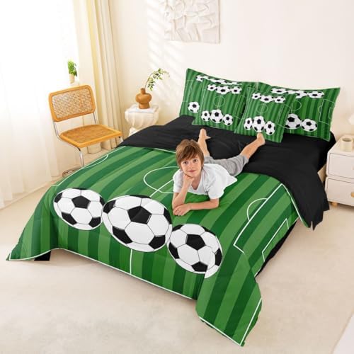 Erosebridal Playground Soccer Green Boys Kids Full Comforter Set 7 Pieces | Football Court Gaming Bed in A Bag for Bedroom Ball Games Bedding Set with Comforters Hexagon Honeycomb Room Decor