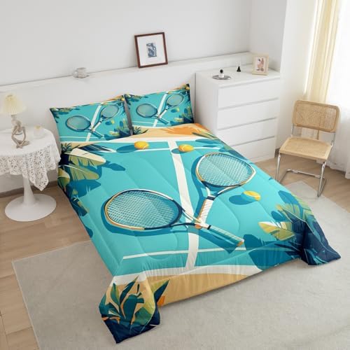Castle Fairy Tennis Racket Bedding Set King Size Summer Theme Sports Gaming Comforter Set for Kids Boys Bedroom Decor Tropical Palm Leaves Soft Duvet Insert Tennis Ball Down Comforter Set,3Pcs