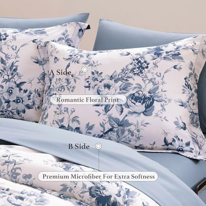 BLOOMHAVEN Oversized Queen Comforter Set-7 Pieces Blue Floral Bed in a Bag